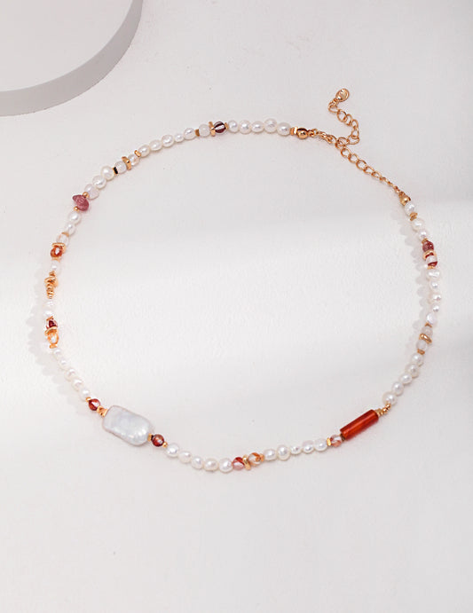 Pure silver strawberry crystal baroque pearl necklace